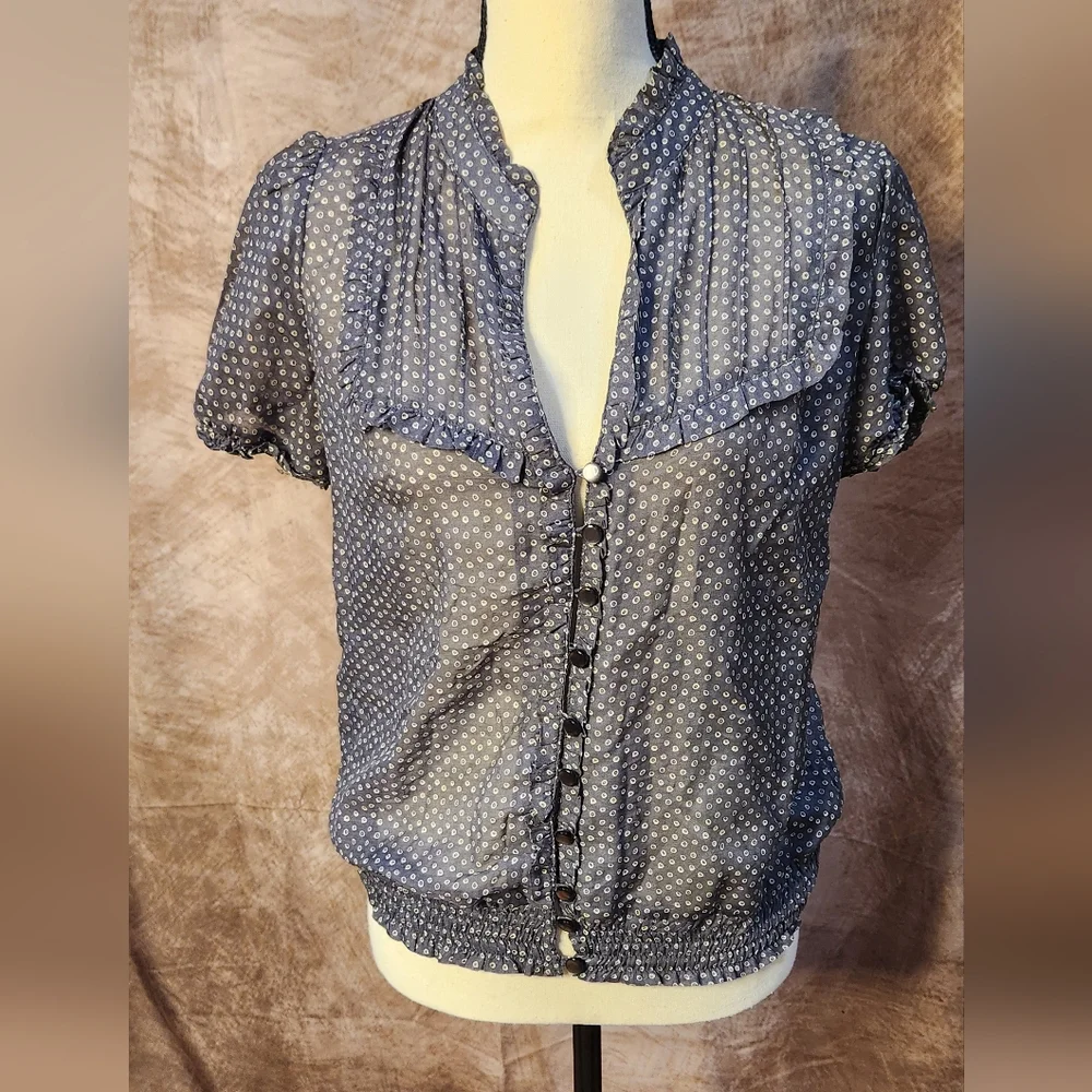 Twenty One Gray Printed Ruffle Blouse – Button Front Sheer Detail Top – Size L